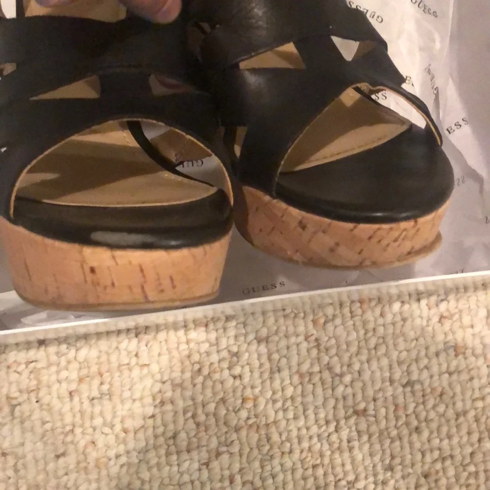GUESS Black Leather Strappy Cork Wedge Sandals